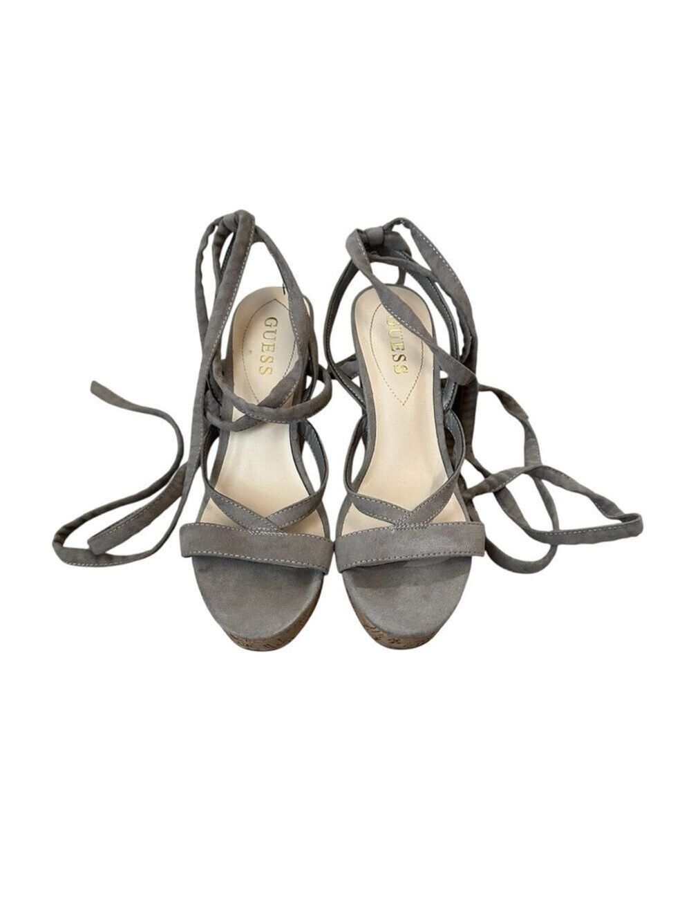 GUESS Treacy Gray Lace-Up Faux Suede Wedge Sandals Women’s Size 6.5 –4 Inch Heel - Picture 2 of 7